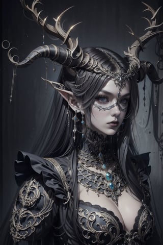 Beautiful photorealistic color image of 1girl, (long intricate horns), a sister clad in gothic punk attire, face concealed behind a striking masquerade mask,themed,photorealistic,Masterpiece,Realistic,dark fantasy