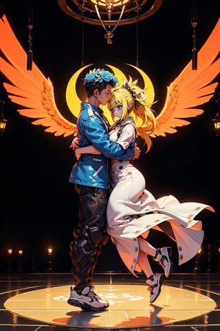 "Depict a vibrant, uplifting scene that captures the transformative power of love. In the foreground, show two figures intertwined in an embrace, representing the profound connection described in the lyrics. Their expressions and body language should radiate joy, passion, and a sense of being "born anew" through their love.

In the background, incorporate visual metaphors that symbolize breaking free from the repetitive cycles and "endless games" of life. This could include imagery like a bird escaping from a cage, a loop or maze being shattered, or chains being broken. Use dynamic lines, vibrant colors, and a sense of movement to convey the feeling of emerging into a "faster, better, stronger" existence.

The lighting should be energetic and hopeful, with warm hues and luminous highlights that evoke the idea of love being the "answer" that illuminates the path forward. You could also include symbolic elements like a rising sun, a guiding light, or a trail leading towards an open horizon.

Overall, the image should inspire a sense of triumph, possibility, and the invigorating rush of finding true love that helps one transcend the monotony and "apathy" of daily life. It should be a celebratory, uplifting scene that captures the song's core message of love being the key to redefining one's reality."