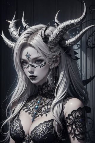 Beautiful photorealistic color image of 1girl,.albino demon little queen, (long intricate horns), a sister clad in gothic punk attire, face concealed behind a striking masquerade mask,themed,photorealistic,Masterpiece,Realistic,dark fantasy