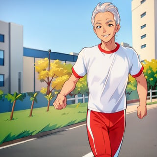 illustrated by hergé, g4njar wearing sports t-shirt, smiling, running in the morning, on the city street, white hair, stunning color scheme, masterpiece,