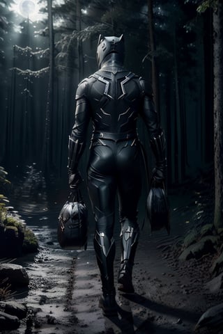 ((black panther marvel character)), ((walking away holding a bag sack over one shoulder)), ((in the forest)), ((glowing white eyes)), ((helmet on his head)), ((full body shot)), wide shot, nighttime, midnight, realistic, detailed, ultra detailed realistic illustration, ultra high definition, 8k, unreal engine 5, ultra sharp focus, highly detailed, vibrant, cinematic production character rendering, very high quality model, hyper detailed photography, ultra detailed, detailed face, detailed eyes, realistic, detailed, ultra detailed realistic illustration, detailed face,whiteeyes,moonlight reflection,foreground