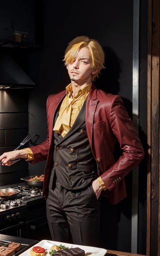 8k, best quality, ultra high res, masterpiece, , sanji2, suit, hair_over_one_eye, yellow hair, eyeblow, black shirts, necktie, Burgundy jacket, facial hair, cowboy shot, cooking