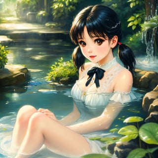 Oil art girl, victorian style, hyper-realistic, shizuka, black hair, brown eyes, short twintails (creek playing in water),oil ART, bathing, Looking enthusiastically at the camera