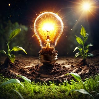 Light bulb with light flare on over soil ground. eco innovation environmental and creative concepts. copy space banner.