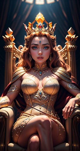 A queen seated on a throne , wearing royal  colorful dimond dress crown ultra focused, detailed face, cinematic lighting, dynamic pose, medium contrast, depth of field, natural glows ,Queen ,poak(l 8k hd)