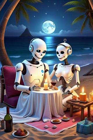 (robots couple,romantic ,dress ,siting on cloth, tent ,drink wine , lots of food,beach side,  night, candle light dinner , stars, vacation theme, fantacy [(masterpiece, top quality, best quality, , extreme detailed,colorful,highest detailed ((ultra-detailed)), ,ghost person,sticker
