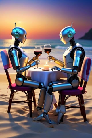 (robots couple,romantic , siting on cloth chair ,drink wine,beach side,  night, candle light dinner , stars, vacation theme, fantacy [(masterpiece, top quality, best quality, , extreme detailed,colorful,highest detailed ((ultra-detailed)), 