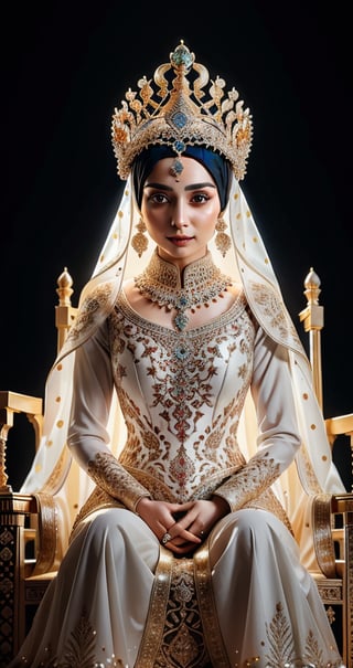 A  real mughal hijab  queen seated on a throne , wearing royal  colorful dimond dress crown ultra focused, detailed face, cinematic lighting, dynamic pose, medium contrast, depth of field, natural glows ,Queen ,poak(l 8k hd),wrenchfaeflare,REALISTIC,photorealistic,glowing, embroidery