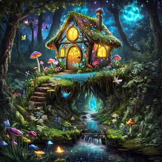 magic  fantacyworld ,beautiful fairy,,( plyaing wa_gon), in fantacy magic forest, glowing , flower,mashroom ,  fantacy waterfall, lake, duck ,mashroom , mini house, colour art,style,DissolveSdxl0,3l3ctronics