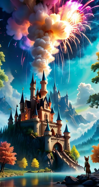  castle  Kingdom of Paws , colourful firework
 sky ultra detailed forest  sharp focus , and complexity invoking a sense of magic and fantasy, 8kUHD, resembling steam in water, amber glow ,ColorART, colorful, style,colorful,Movie Still,DracolichXL24