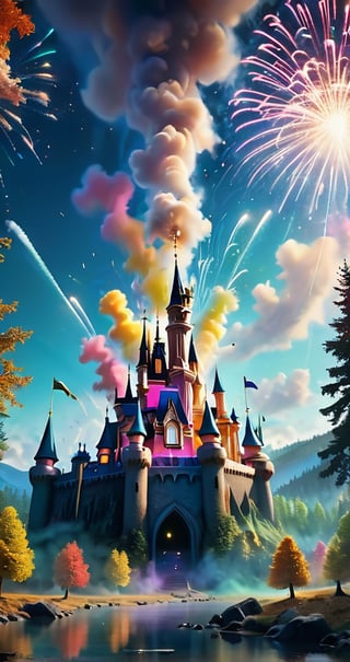  castle  Kingdom of Paws , colourful firework
 sky ultra detailed forest  sharp focus , and complexity invoking a sense of magic and fantasy, 8kUHD, resembling steam in water, amber glow ,ColorART, colorful, style,colorful,Movie Still,DracolichXL24