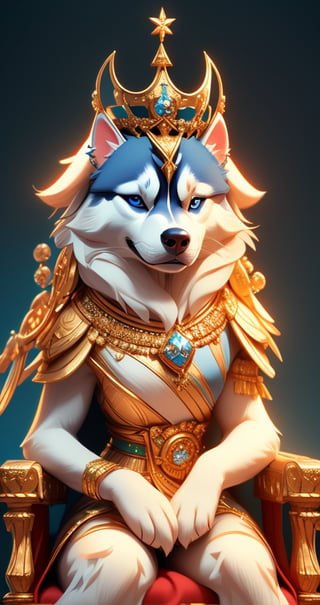  a lovely Siberian husky with piercing blue eyes, was known for her wisdom and compassion. wearing  queen dress, siting on throne, crown enchanted Kingdom of Paws, CINEMATIC, CINEMATIC LIGHT ,8lHD detailed,artstation, sharp focus, ,photo r3al,Movie . ,Furry character