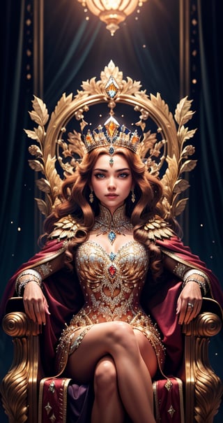 A queen seated on a throne , wearing royal  colorful dimond dress crown ultra focused, detailed face, cinematic lighting, dynamic pose, medium contrast, depth of field, natural glows ,Queen 