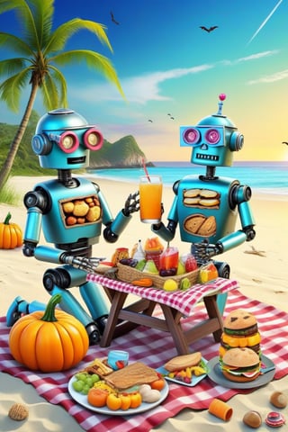 (robots picnic ,) foods,drink,beach side,wear goggls   vacation theme, fantacy [(masterpiece, top quality, best quality, , extreme detailed,colorful,highest detailed ((ultra-detailed)), ,insertNameHere,halloween,bangerooo