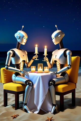 (robots couple,romantic , dress. cloth siting on cloth chair ,drink wine,beach side,  night, candle light dinner , stars, vacation theme, fantacy [(masterpiece, top quality, best quality, , extreme detailed,colorful,highest detailed ((ultra-detailed)), 