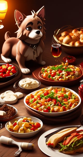 dogs Banquet, lots of food ,wine , feast. d Kingdom of Paws, CINEMATIC, CINEMATIC LIGHT ,8lHD detailed,artstation, sharp focus, ,photo r3al,Movie . ,Furry character,foodstyle