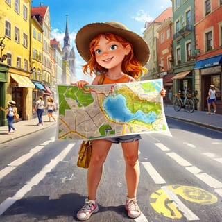 Description
Girl tourist in hat exploring new city at summer looking at hand map, on the street, summer holidays sightseeing tourism