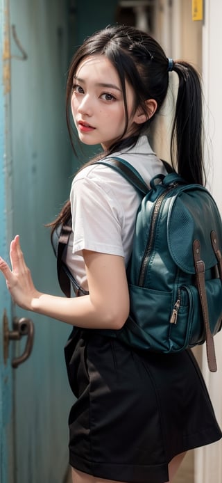 Young black woman with pigtails waving goodbye with colorful backpack leaving room with blue wall