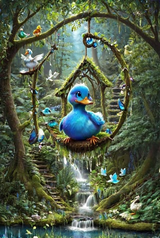  fantacy ,beautiful fairlyl, blue icey eyes,( plyaing wa_gon), in fantacy magic forest, on leaf swing, fairytale, fantacy waterfall, lake, duck ,mashroom , mini house, colour art,style,DissolveSdxl0,3l3ctronics