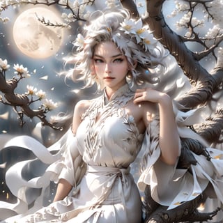 art style, intricate Portrait of  beautiful Japanese girl ,siting on tree, dance pose , full body, with white flowy hair wearing a treditonal white , white dress with a silk vibrant white color, hyperdetailed face, hyperdetailed eyes, sharp focus on eyes, 8k UHD, work of beauty and inspiration, flowercore, wide angle  ,alberto seveso style ,A white  flower petals flying with the wind ,large full-moon background ,  glowing fractal art elements  hazel eyes