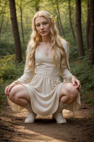 (squatting and spreading legs), front view,Full body view,(20 year old:1.5),Perfect photography of young cate blanchett as galadriel, young elvish girl, elf female, white elvish dress, long dress, blonde hair, wavy hair, medieval dress, daylight, forest background, masterpiece, 8k, high quality , detailed face