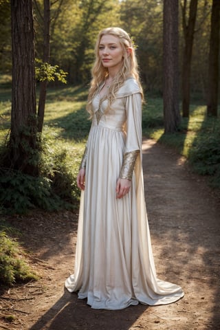 Full body view,(20 year old:1.5),Perfect photography of young cate blanchett as galadriel, young elvish girl, elf female, white elvish dress, long dress, blonde hair, wavy hair, medieval dress, daylight, forest background, masterpiece, 8k, high quality , detailed face