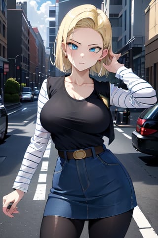 best quality, highres, 1girl, android 18, solo, blonde hair, blue eyes, short hair, earrings, jewelry, denim vest, open vest, black pantyhose, black shirt, denim skirt, striped long sleeves, blue skirt, cowboy shot, street, ,and18, large_breast, (face focus, (dynamic pose, dynamic angle:1.3), (masterpiece, best quality, ultra-detailed, very aesthetic:1.5), illustration, disheveled hair, perfect composition, moist skin, intricate details, seducing_gaze, looking_at_viewer, seductive_pose