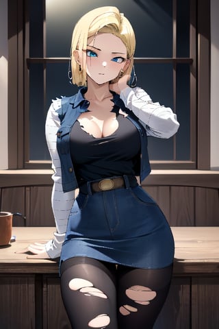 best quality, highres, 1girl, android 18, solo, blonde hair, blue eyes, short hair, earrings, jewelry, denim vest, open vest, black pantyhose, black shirt, denim skirt, striped long sleeves, blue skirt, cowboy shot, ,and18, large_breast, (face focus, (dynamic pose, dynamic angle:1.3), (masterpiece, best quality, ultra-detailed, very aesthetic:1.5), illustration, disheveled hair, perfect composition, moist skin, intricate details, seducing_gaze, looking_at_viewer, detalied_background, seductive_pose, perfect body, legs_apart, torn_clothing, nip_slip, indoors,