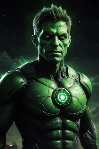 A detailed, realistic digital painting of Zombie Green Lantern in the style of Zack Snyder. He is flying through space at night, the only light coming from the Green Lantern ring and the stars in the sky. Zombie Green Lantern's skin is pale and decaying, his eyes are glowing green, and he is wearing a tattered green and black suit. The image is post-processed with color grading, film grain, space effects, and blood and gore effects.

