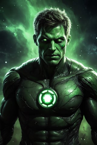 A detailed, realistic digital painting of Zombie Green Lantern in the style of Zack Snyder. He is flying through space at night, the only light coming from the Green Lantern ring and the stars in the sky. Zombie Green Lantern's skin is pale and decaying, his eyes are glowing green, and he is wearing a tattered green and black suit. The image is post-processed with color grading, film grain, space effects, and blood and gore effects.

