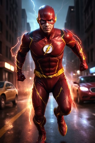 A detailed, realistic digital painting of The Flash in the style of Zack Snyder. He is running through a city street at night, the only light coming from the lightning and his glowing eyes. The Flash's suit is red and yellow, and he is wearing a lightning bolt mask. The image is post-processed with color grading, film grain, and lightning effects.

