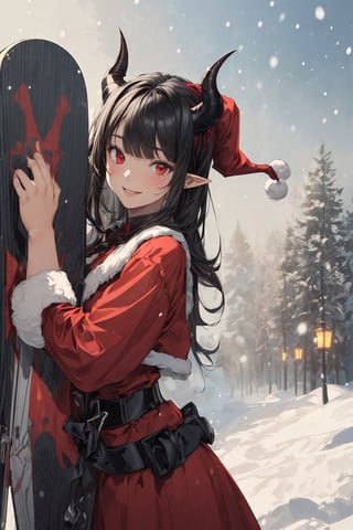 (masterpiece, top quality, best quality, 8K, highly detailed, illustration:1.3, texture:1.3, line art:1.3), 
BRAKE 
(1Girl), older sister, detailed straight long-hair, diagonal bangs, black-hair, (red eyes), pointy ears, (smile), (demon horns:1.2),  
BRAKE 
(Santa:1.2), (snow board:1.3), 