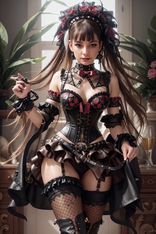  Woman, uhd, 4K, best quality, A corset top in a rococo design with rivets and leather applications. A skimpy ruffled thong decorated with punk details. Fishnet stockings with printed filigree rococo patterns. Black leather boots with buckles and studs. A headband with a nostalgic vintage touch.