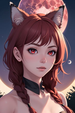Luna, 2 Face only, woman, close-up, redhead, red eyes, black fox, fox ears, braided hair on one side, blood moon in background,

,Lunaris,Girls