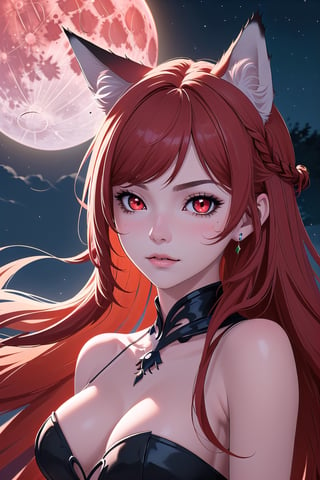 Luna, 2 Face only, woman, close-up, redhead, red eyes, black fox, fox ears, braided hair on one side, blood moon in background,

,Lunaris,Girls