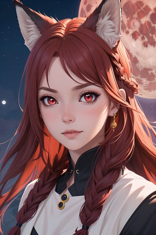 Luna, 2 Face only, woman, close-up, redhead, red eyes, black fox, fox ears, braided hair on one side, blood moon in background,

Lunaris,