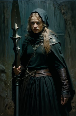 1girl, archer hunter, ((bow weapon)), pointing weapon straight to viewer,drawing bow,(1girl), brown leather armor and cape with hood up, blonde hair, blue eyes, toned, skinny, angry expression, leather straps and chains outfit, Photorealistic, masterpiece, photography, a beautiful woman, Photorealistic, masterpiece, photography, Movie Still, moody colours, tiefling, demon, lord of the rings, digital artwork by Beksinski,oil painting,Extremely Realistic