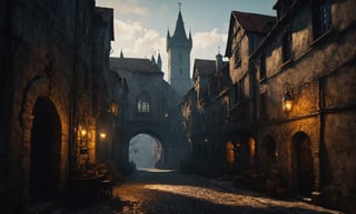 A shot from a narrow alleyway of a large Novigrad style city landscape, The Witcher 3 Concept Art, archways, low visibility, golden hour sunlight, mysterious scene, dark, fantasy art, horror, sleepy hollow style, grimdark style, Movie Still, moody colours,Landskaper, newhorrorfantasy_style,darkart, cinematic moviemaker style,