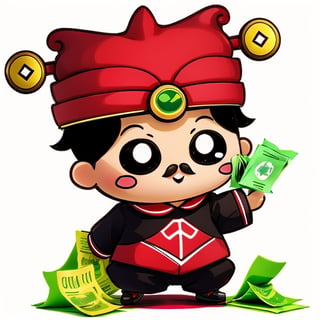 (1st boy) , happy, red hat, (White background),  (SUPER CHIBI), chibi, red_clothed, full_body, Standing posture,
(counting banknotes),oha style
