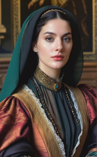 hyper-detailed,  photorealistic,  ultra photoreal,  cinematic shading
Renaissance style. Photographic detailed.
Alike a 16th century style oil painting portrait with a beyond comparison face of Lady Lavinia.
Black haired woman.
16th century costumes.
Accurate anatomy.
Make the design photographic and with ultra realistic details., realistic, photorealistic, character, cinematic moviemaker style,h4n3n