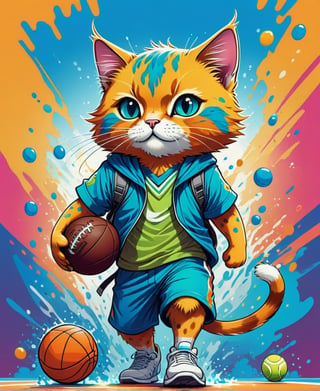 2D colored vectoral sketch linework design.
Image for the book cover.
Simple design. Cartoon. Large design. 
Vector art. Vivid colors. 
Cute cat standing with athlete clothes. "Football, tennis, basketball, volleyball, baseball" balls around.
Colorful water splashes on a colorful background.
Very simple vector sketch.
Accurate anatomy.
Cartoon character vectoral sketch.
Very simple drawing.
Colorful. Pastel colors.
There is no black part. No shades. It's for coloring. No black spots, only the lines.
Very simple vector sketch.
Low detail. Zero shading.
Colorful.
leonardo,realistic,real_booster,photorealistic,healing,tattoochibi,ipsketch\\(style\\),lines,TCC_SIMPLE_DRAWING,colorful,GaelicPatternStyle,txznf,Leonardo Style,Color Splash