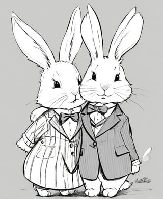 2D black and white line design.
Simple design. Cartoon. Large design. Pure white background.
Vector art.
Two little rabbits, one is in suit, one is in dress. Cartoon character. Very simple vector sketch.
Low detail. Zero shading.
Very few feathers.
Only black and white.
leonardo,realistic,real_booster,photorealistic,healing,tattoo,1y0n,lineart,Fashion Illustration
