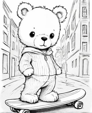 2D black and white vectoral sketch linework design.
Simple design. Cartoon. Large design. Pure white background.
Vector art.
Clothed teddy bear on a skateboard. 
Street city background.
There is no black part. No shades. It's for coloring. No black spots, only the lines.
Very simple vector sketch.
Low detail. Zero shading.
Only black and white.
leonardo,realistic,real_booster,photorealistic,healing,tattoochibi,ipsketch\\(style\\),lines,TCC_SIMPLE_DRAWING