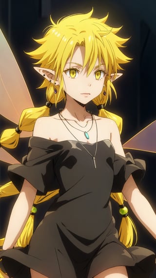 Ramiris, Earring, Necklace, String Necklace, Pendant, Wings, Pointy Ears, Yellow Eyes, Green Hair Highlights, Yellow Hair, Long Hair, Twintails,
