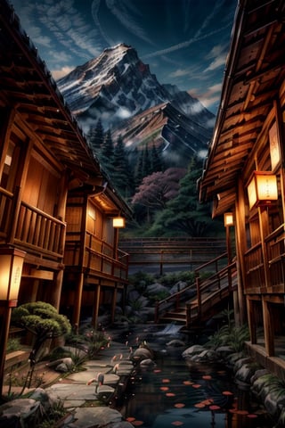 ((mountain landscape)), Japanese cherry blossom (((Extremely detailed))), dawn, ambient light, detail, realistic, ((masterpiece)), beautiful forest, beautiful sky, bamboo, (((8k UHD)), koi fishes in the stream ((extremely detailed)), desolate, beautiful, ((Japanese lanterns)), cherry blossoms, flowers, bamboo, village people standing
