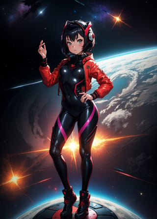 1 girl, fiery red jacket, tight suit,Space helm of the 1960s,and the anime series G Force of the 1980s,Darf Punk wlop glossy skin, ultrarealistic sweet girl, space helm 60s, holographic, holographic texture, the style of wlop, space, stands on a pedestal ,penini