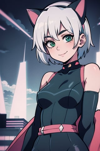 
Valk,white hair,short hair,green  eyes, smile, bodysuit ,upper body,standing, outside,clouds,rooftop,cyberpunk, (insanely detailed, beautiful detailed face, masterpiece, best quality) solo,Lofi,Girl,1girl,ahCat, neko cyber (module)