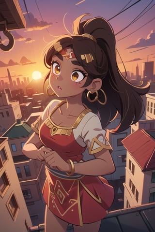 2.5D, an aztec girl, perfect body, black skin,brown skin,dark_skin_female ,hispanic , full body, traditional aztec clothes, 20 years old
long hair, ponytail, brown hair, yellow eyes, buff, outside,clouds,rooftop,cyberpunk, (insanely detailed, beautiful detailed face, gold streak in hair, gold_hoops, gold earings, red dress , white tunic
,Lofi,Girl,Sunrise, collarbone,Boy,Style,Lofi Them