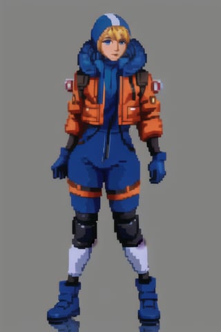 bangs, blonde hair, blue eyes , hooded bodysuit, bodysuit, white bodysuit, hood, jacket, orange jacket, gloves, knee pads, hooded jacket, blue gloves, ribbed bodysuit, blue bodysuit, thigh strap, cable, blue headwear , scar, scar on face, scar on cheek, burn scar  , wattson (apex legends),pixel, pixel art