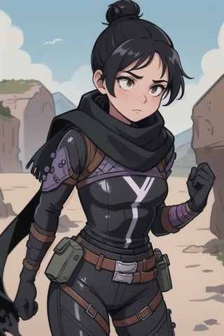 (masterpiece, best quality:1.2),  , wraith (apex legends), 1girl, solo, single hair bun, hair bun, bodysuit, scarf, black bodysuit, black hair, black scarf, belt, brown belt, gloves, black gloves, thigh strap, facing_away